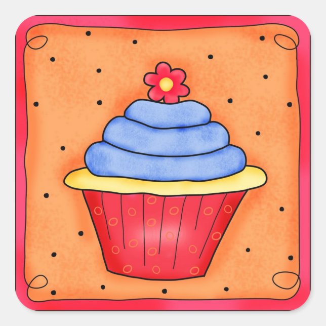 Carré Rouge et Bleu avec Sticker Cupcake Fleur (Devant)
