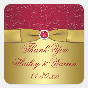 Carré Rouge, Or Floral Mariage Favor Sticker Merci