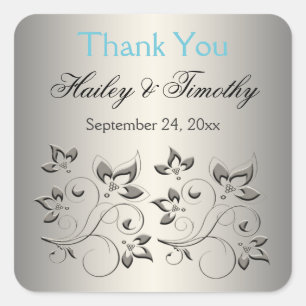 Carré Silver, Aqua, Sticker Merci Floral Noir