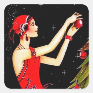Carré sticker Art déco rétro vintage de Noël dame