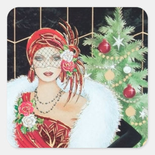 Carré sticker Art déco rétro vintage de Noël dame
