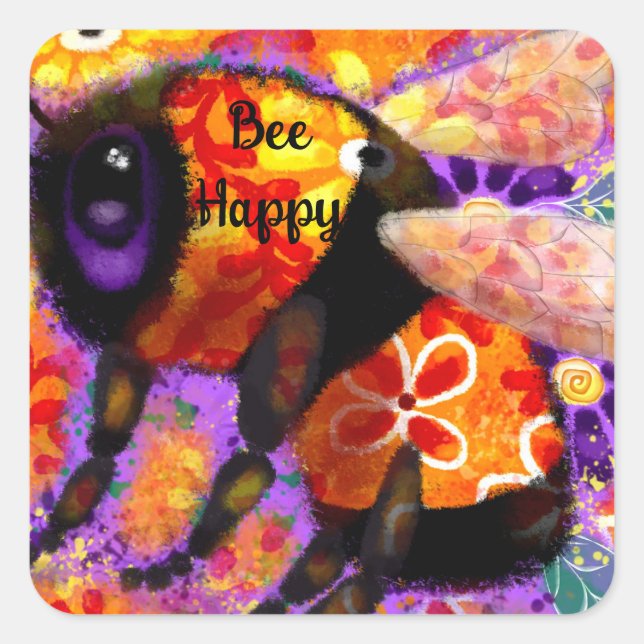 Carré Sticker - Bumble Bee Happy Abstrait Art Floral (Devant)