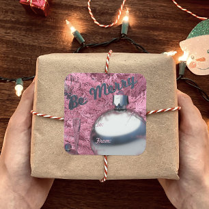 Carré Sticker cadeau Joyeux Arbre de Noël Rose