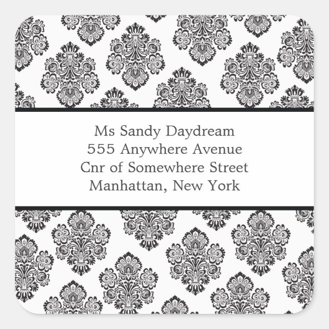 Carré Sticker d'adresse moderne Damask noir & blanc (Devant)