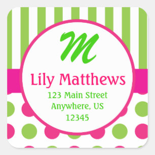Carré Sticker d'adresse Monogramme points rose et vert