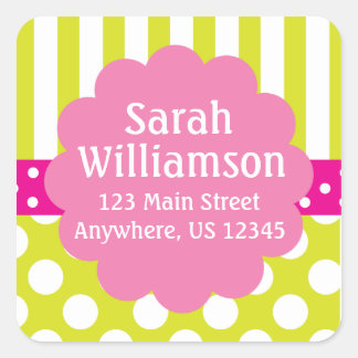 Carré Sticker d'adresse Pois Lime Green Pink Stripes