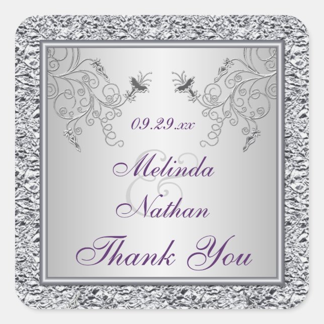 Carré Sticker de mariage floral en argent violet (Devant)