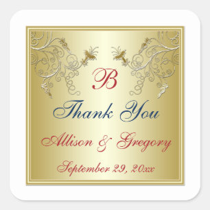Carré Sticker de mariage Gold, Red, Blue Monogram Favor