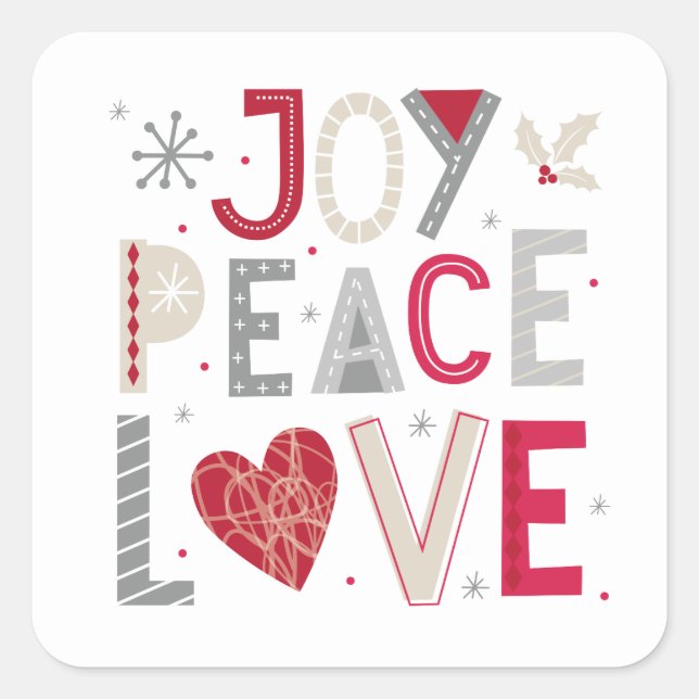 Carré Sticker de Noël avec joie paix amour typographie (Devant)
