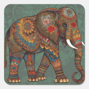 Carré Sticker Eléphant Chic Boho avec Décorations Ornées