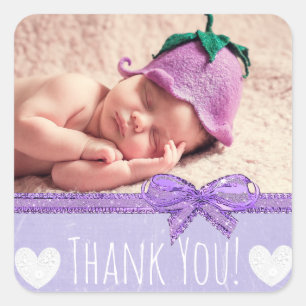Carré Sticker en Merci violet avec la photo de votre béb