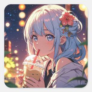 Carré Sticker fille Anime mignonne - Boba Tea Lover
