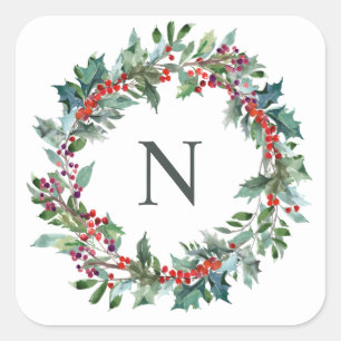 Carré Sticker initial de Noël Holly Monogram