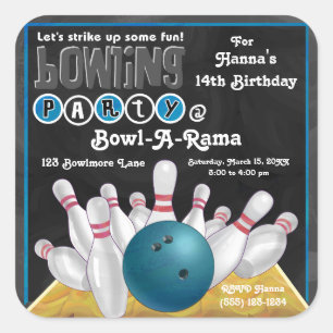 Carré Sticker Invitation Blue Bowling Party