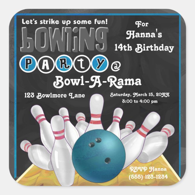 Carré Sticker Invitation Blue Bowling Party (Devant)