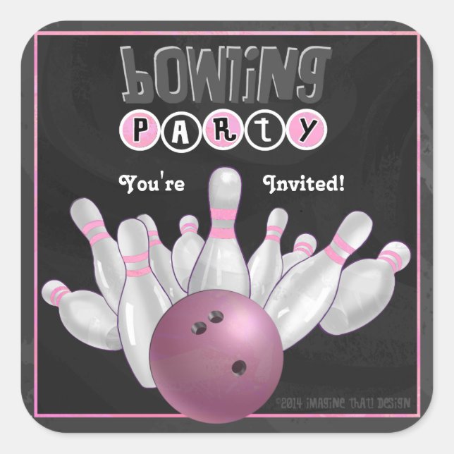Carré Sticker Invitation de la soirée de bowling rose te (Devant)