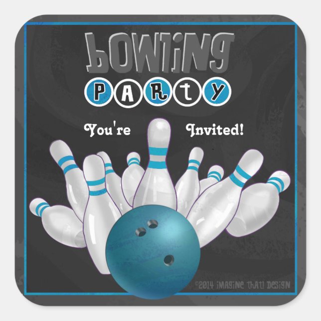Carré Sticker Invitation tendance Blue Bowling Party (Devant)