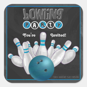 Carré Sticker Invitation tendance Blue Bowling Party