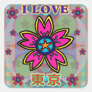 Carré Sticker Kanji Fleurs "I LOVE TOKYO"