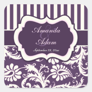 Carré Sticker Mariage damassé violet, ivoire, rose rayé