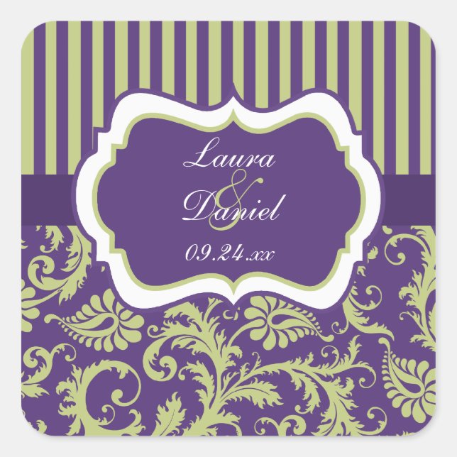 Carré Sticker Mariage damassé violet, vert, blanc (Devant)