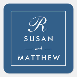 Carré Sticker Monogramme à bordure mince classique, bleu