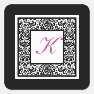 Carré Sticker monogramme noir, blanc et rose Damas