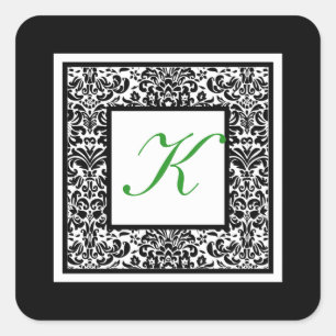 Carré Sticker Monogramme noir, blanc et vert Damas