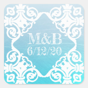 Carré Sticker personnalisé Aqua Mariage Date & Initiales