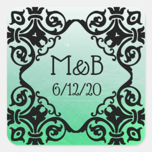 Carré Sticker personnalisé Mariage vert Date & Initiales