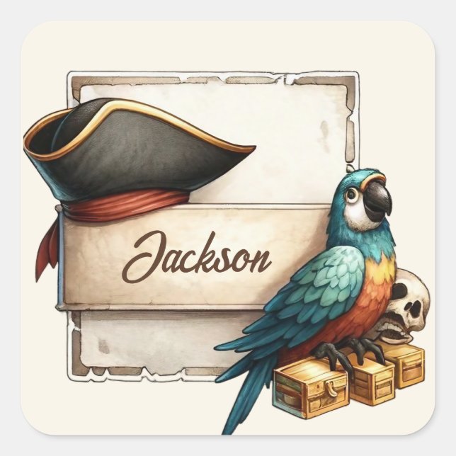 Carré Sticker personnalisé pour perroquet de pirates - N (Devant)