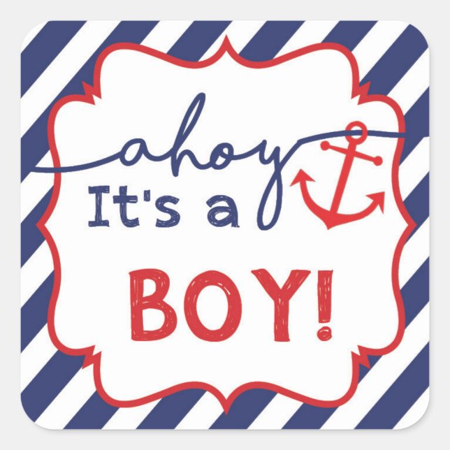 Carré Sticker pour Baby shower de garçon Ahoy Nautical (Devant)