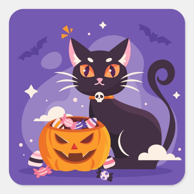 Carré Sticker pour chat Halloween (A whimsical black cat with bright eyes sits beside a pumpkin filled with colorful candies.  )