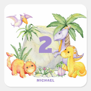 Carré Sticker pour le 2ème anniversaire de Cute Dinosaur