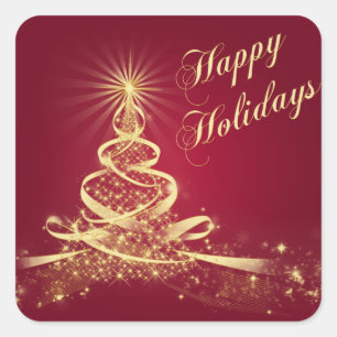 Carré Sticker Red, Gold Lighted Tree Joyeux Vacances