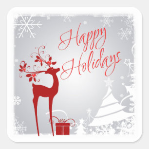 Carré Sticker Red Grey Happy Holidays Deer, Snowflakes
