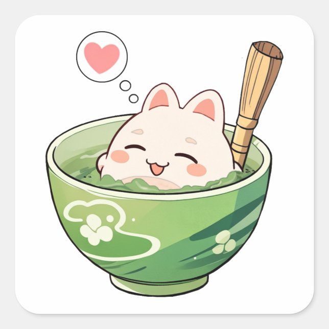 Carré Sticker Relaxant Chat Thé Matcha (Devant)