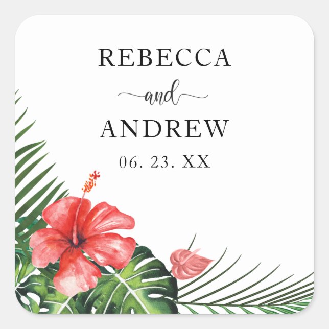 Carré Sticker rond Mariage Tropical Hibiscus Rouge (Devant)