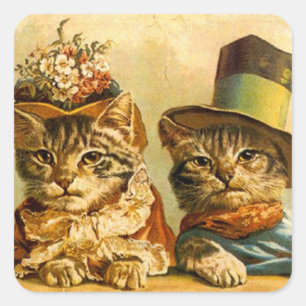 Carré Sticker Vintage habillé Chat Couple en ville