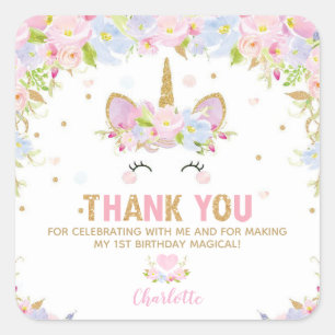 Carré Unicorn 1er anniversaire Merci Favor Sticker Étiq