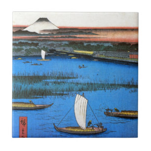 Carreau 帆掛け舟と富士, bateau de navigation de 広重 et mont Fuji,