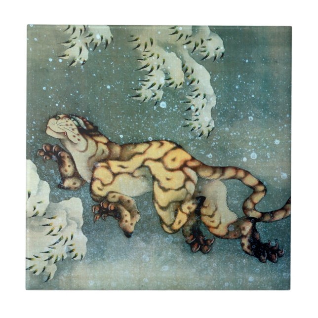 Carreau 雪中虎図, tigre de 北斎 dans la neige, Hokusai, art (Devant)