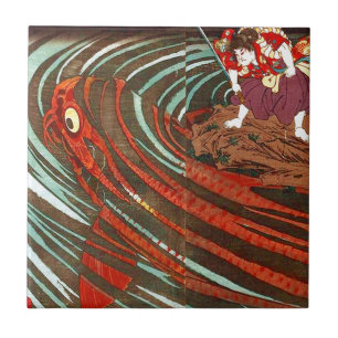 Carreau 鬼若丸の鯉退治, carpe de monstre de 国芳, Kuniyoshi,