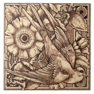 Carreau 1 de Pair 1880 Craven Dunnill Bird & Rose Repro