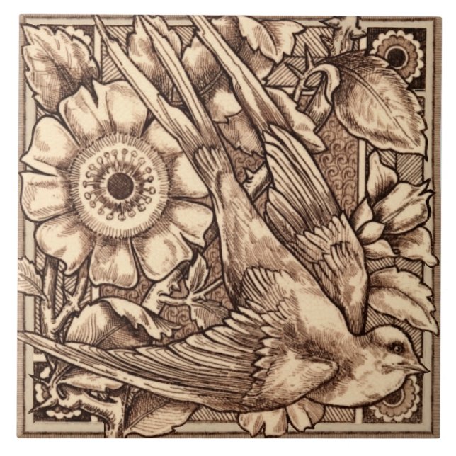 Carreau 1 de Pair 1880 Craven Dunnill Bird & Rose Repro (Devant)