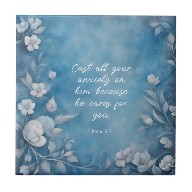 Carreau 1 Peter 5:7 “Cast All Your Anxiety” Blue Floral (Devant)