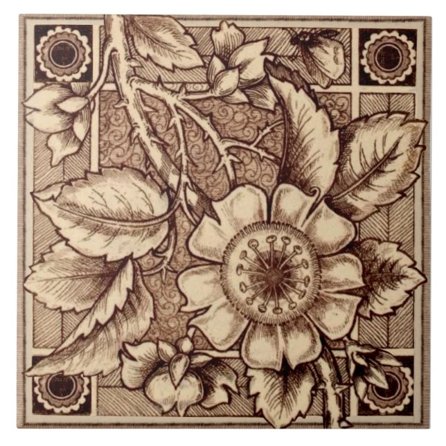 Carreau 2ème de Pair 1880 Craven Dunnill Bird & Rose Repro (Devant)