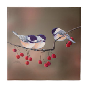 Carreau 3 CHICKADEES et BAIES ROUGES par SHARON SHARPE