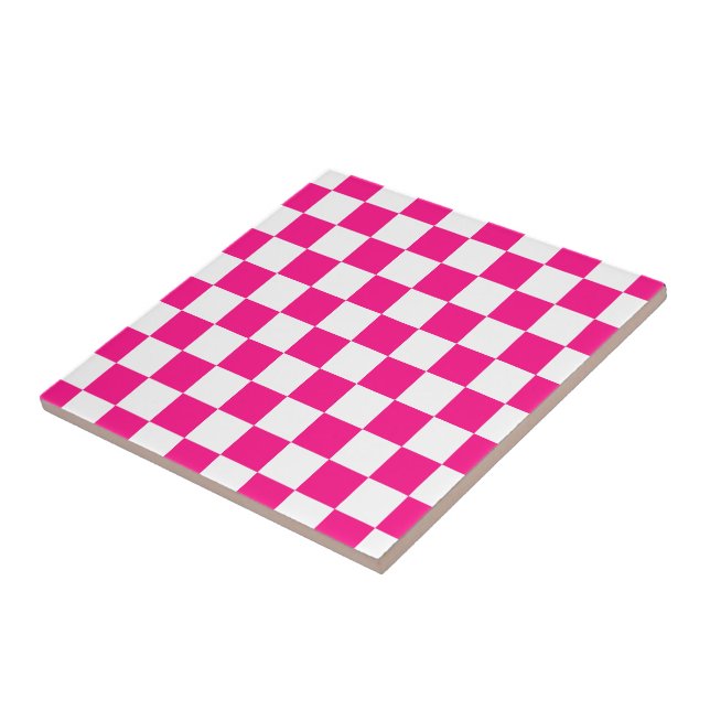 Carreau à damiers carré chaud rose blanc rétro géométrique (Côté)
