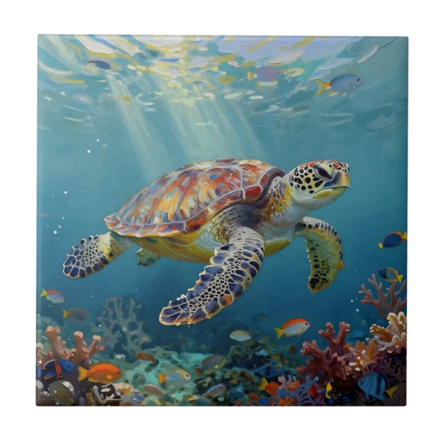 Carreau A Sea Turtle and Sun Rays in the Ocean Blue (Devant)